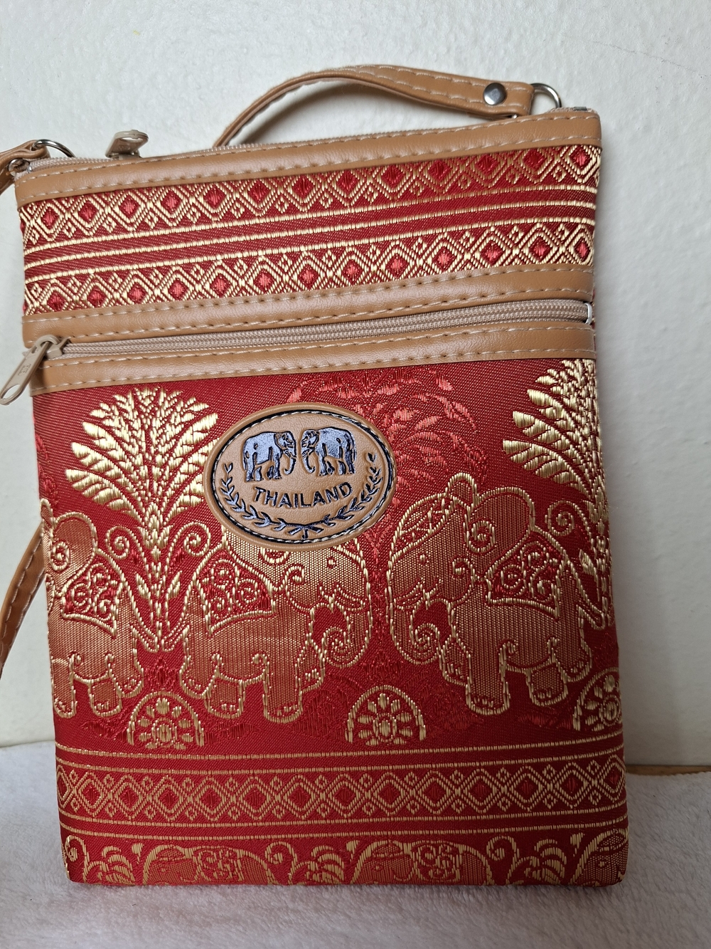 Embroidered Red & Gold Elephant Crossbody Bag